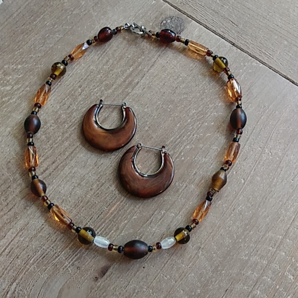 Brown Boho Stament Earrings Hoops & Brown  Beaded Necklace - Picture 8 of 17